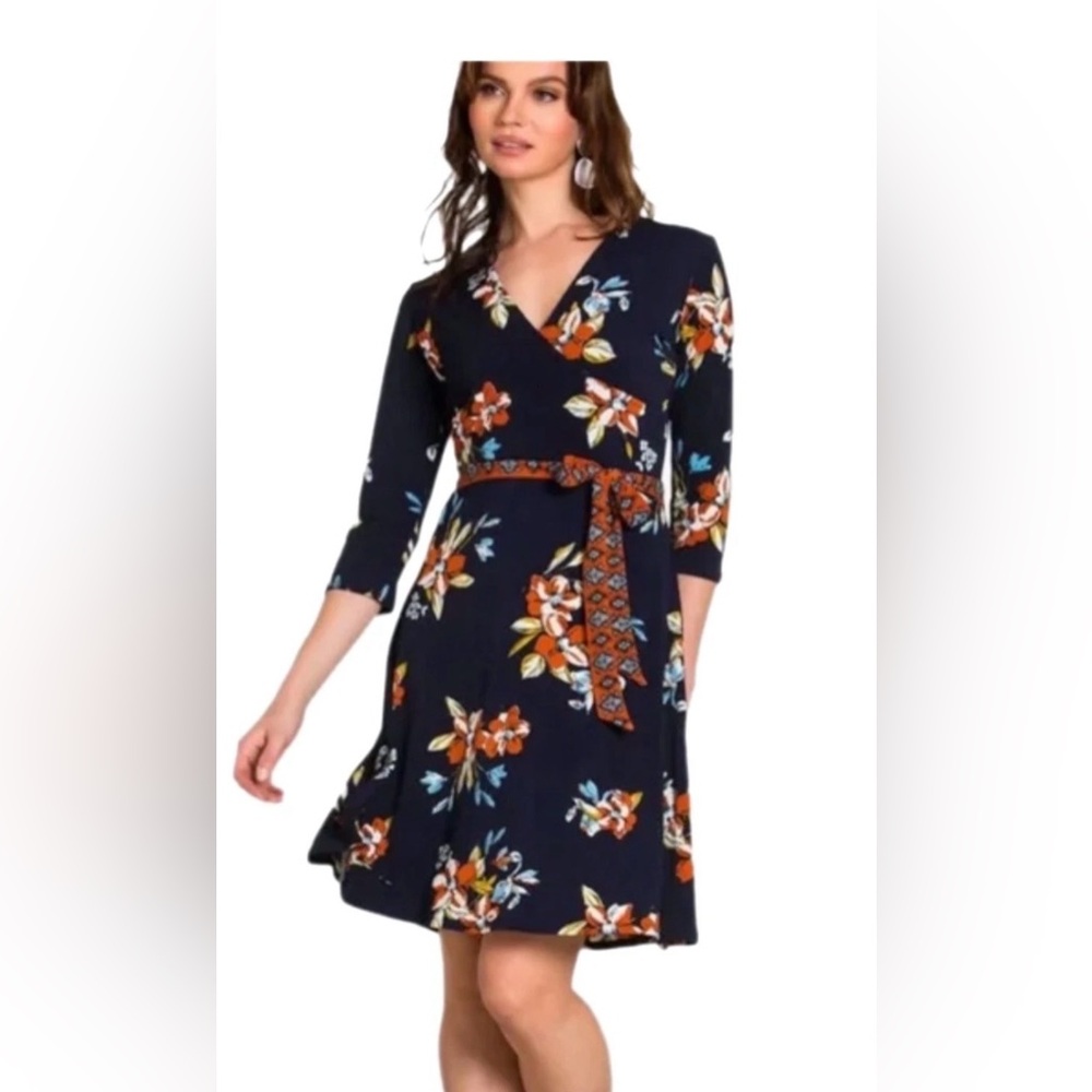 Leota Faux Wrap V-Neck Stretch Dress Navy Floral Women’s XXL